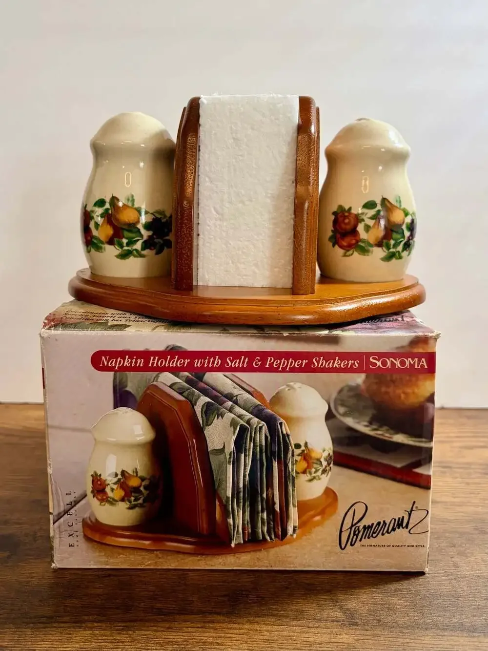Sonoma Salt & Pepper Set on Wood Napkin Holder Tray by Sakura